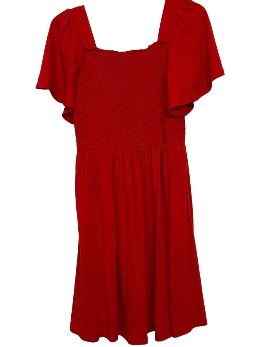 Red Smocked Bodice Flutter-Sleeve Dress - Women
